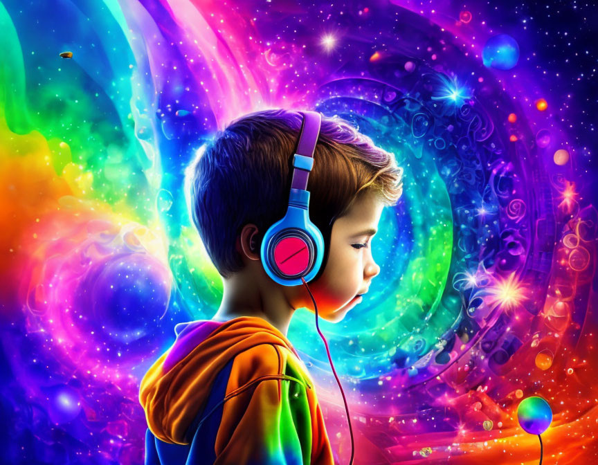 Child Immersed in Psychedelic Colors with Headphones