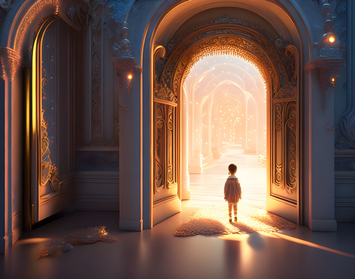 Child in ornate hallway with warm light and intricate arches