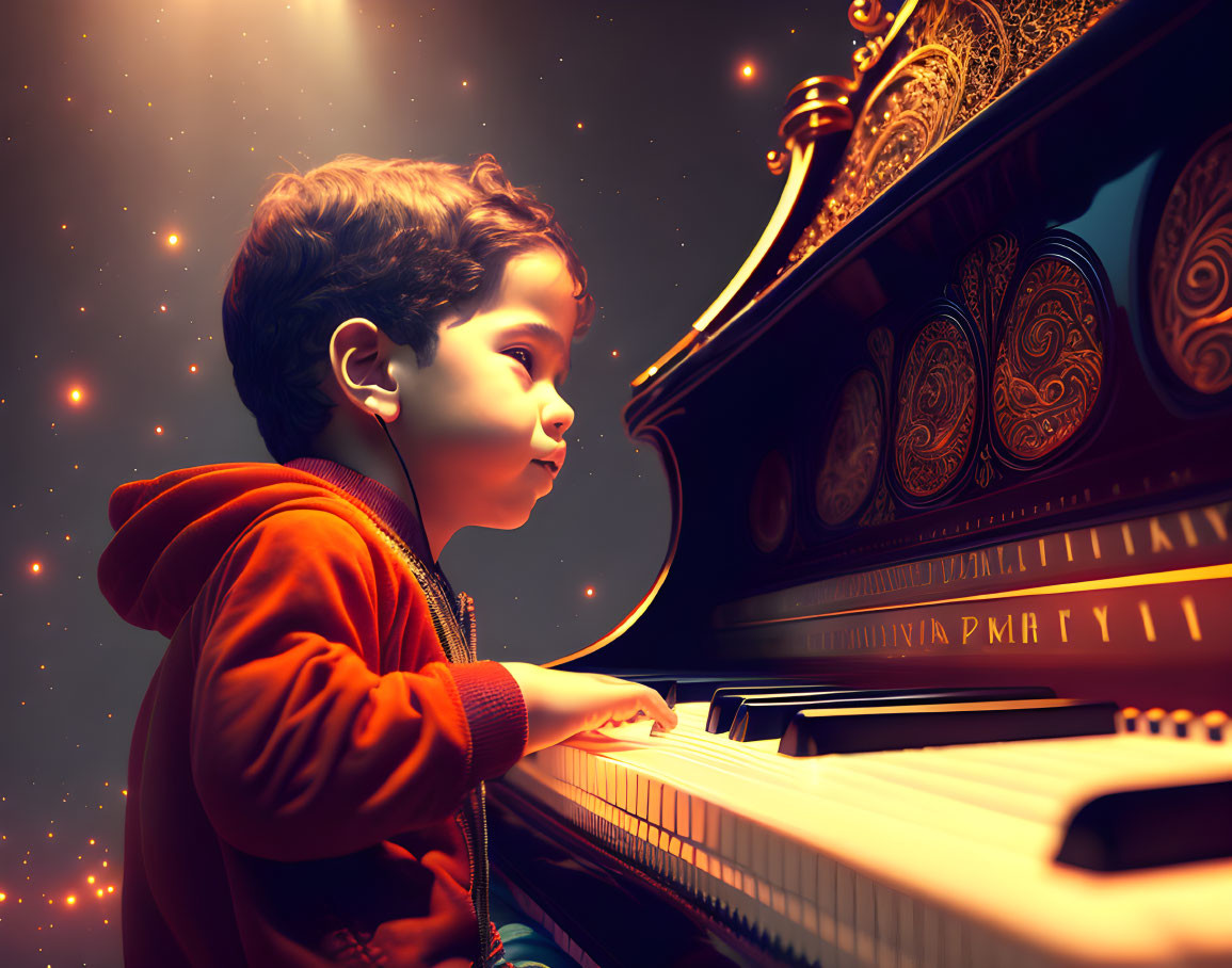 Child playing grand piano with headphones under warm light