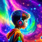 Child Immersed in Psychedelic Colors with Headphones