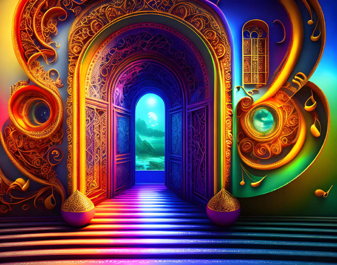 Colorful digital art: ornate arched doorway to moonlit landscape