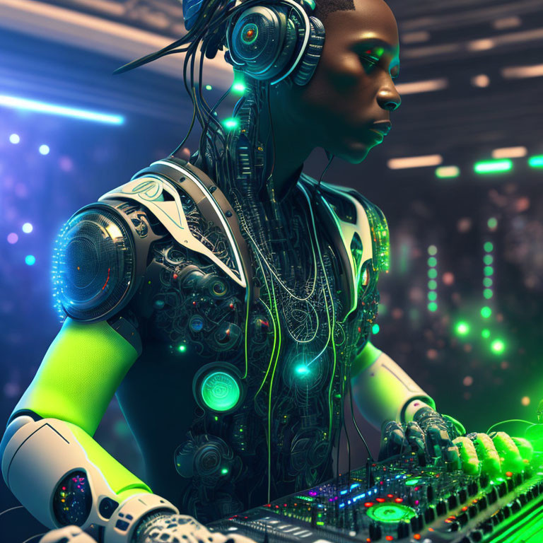 Intricate Cybernetic DJ Robot Mixing Music at Club