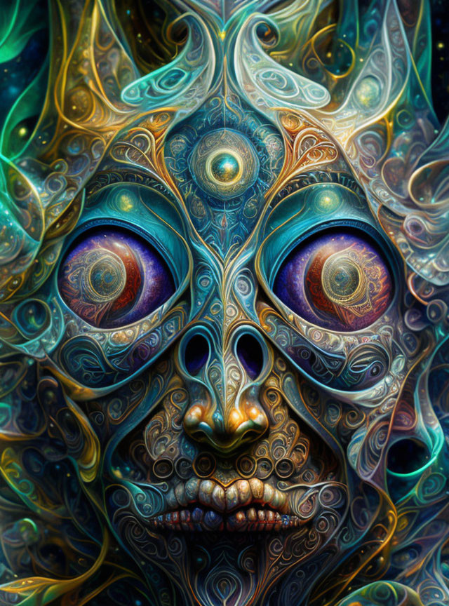 Colorful Psychedelic Face with Multiple Eyes and Swirling Patterns