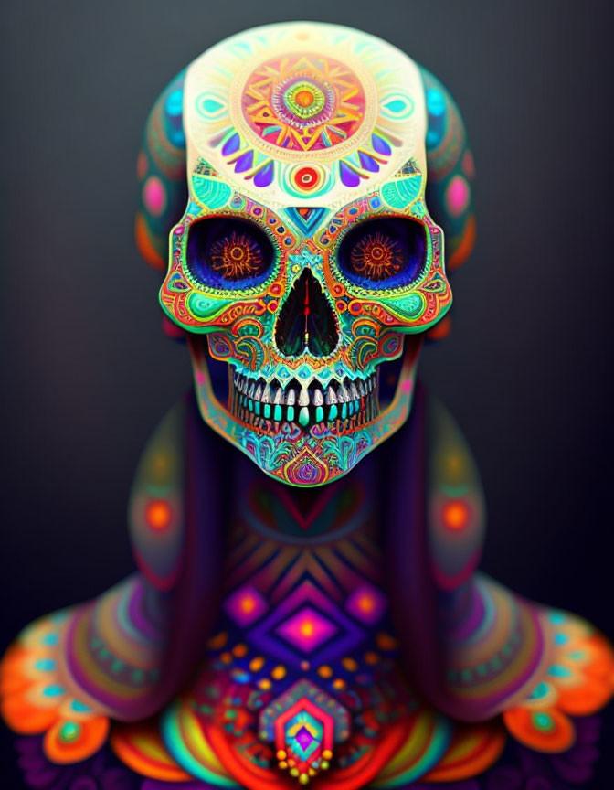 Vibrant digital artwork: Skull with intricate patterns in Day of the Dead style