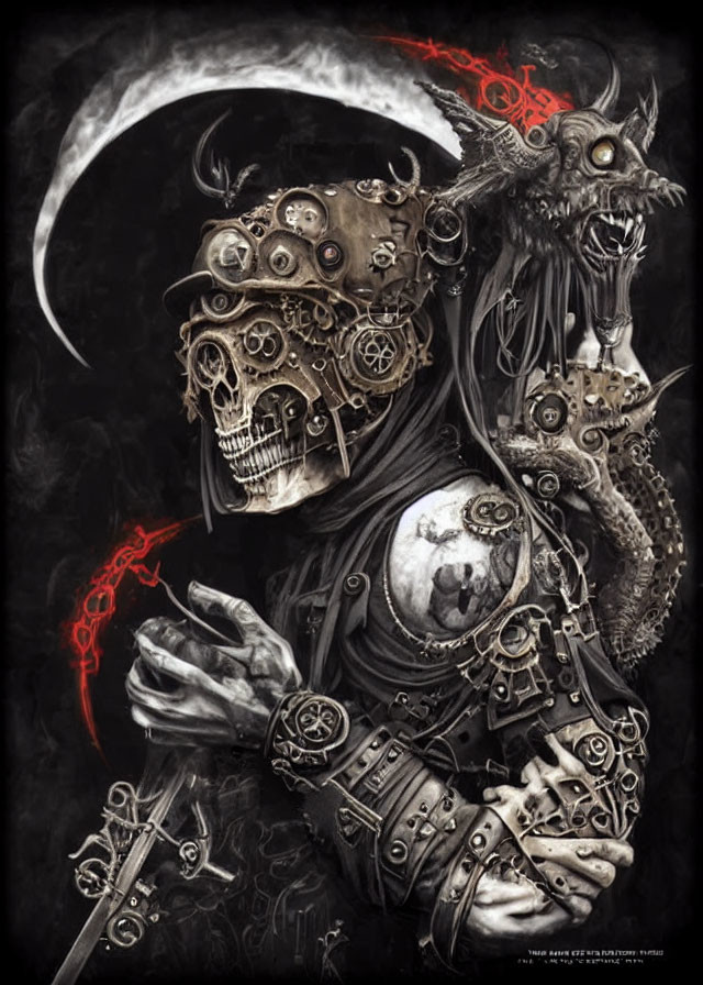 Dark steampunk artwork with skull-faced figure, scythe, and red accents