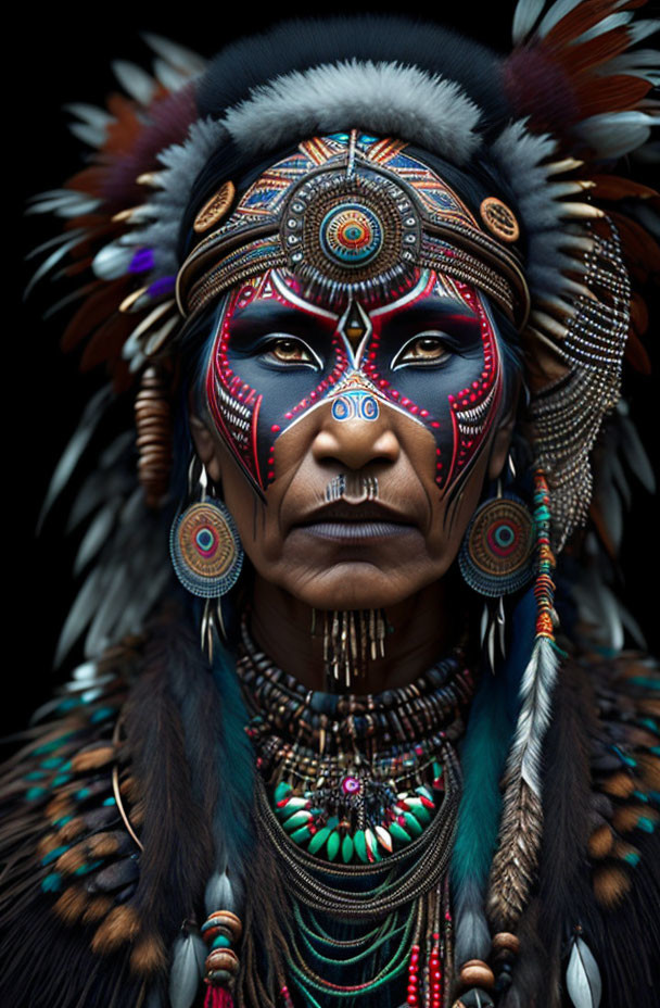 Elaborate Native American regalia with feather headdress & turquoise jewelry