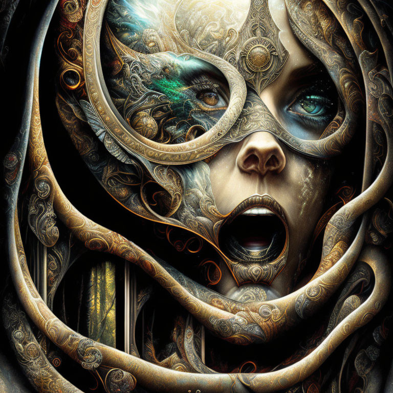 Intricate surreal image of metallic woman's face with swirling designs and intense blue eyes