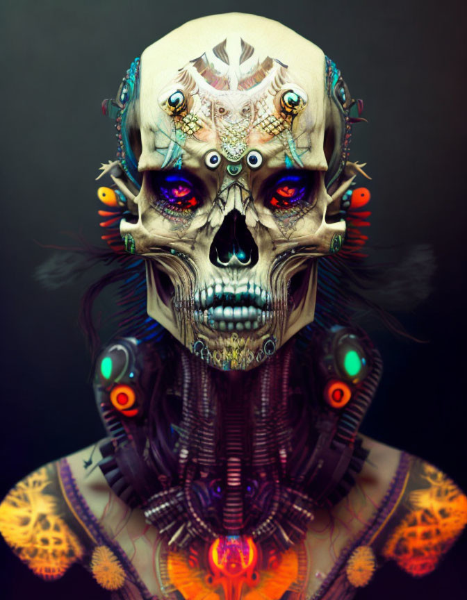 Digital Art: Humanoid Robot with Skull Face and Purple Glowing Eyes