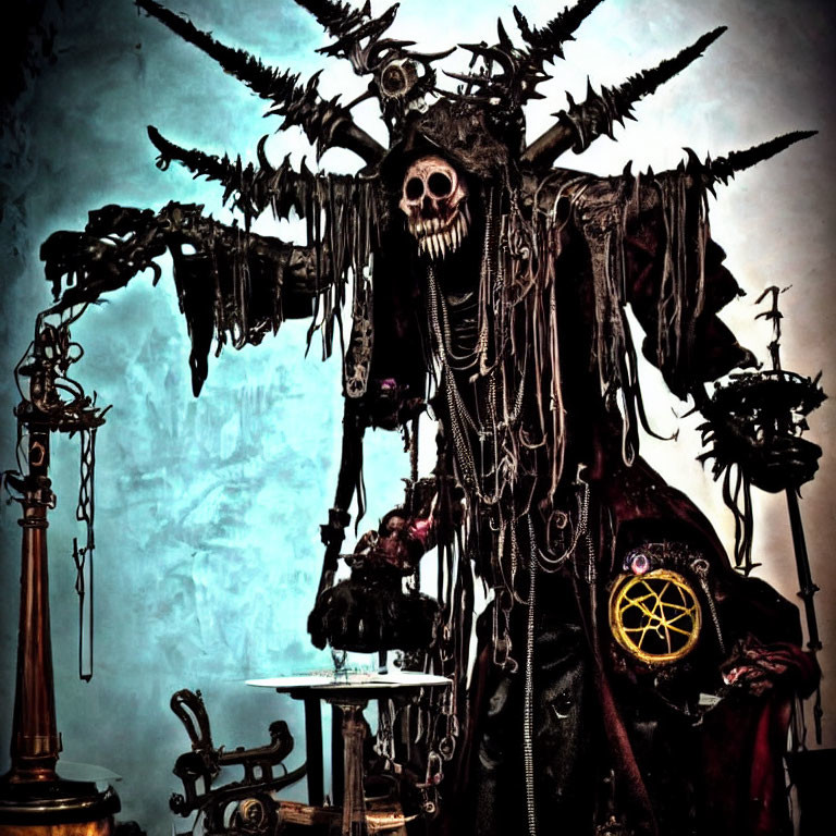 Dark Robed Figure with Skull Face and Wing-like Appendages in Mystical Setting