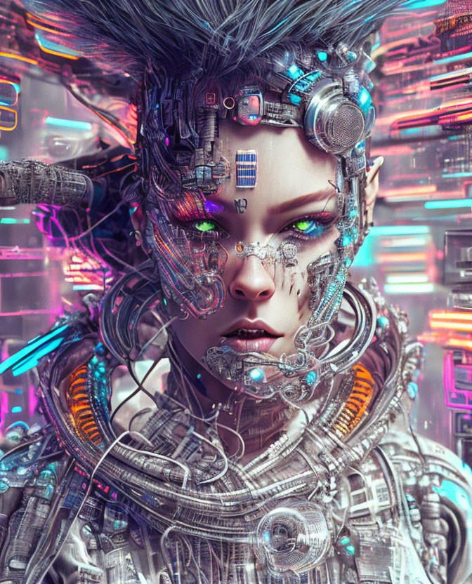 Female cyborg with intricate details and blue eyes in neon-lit circuitry