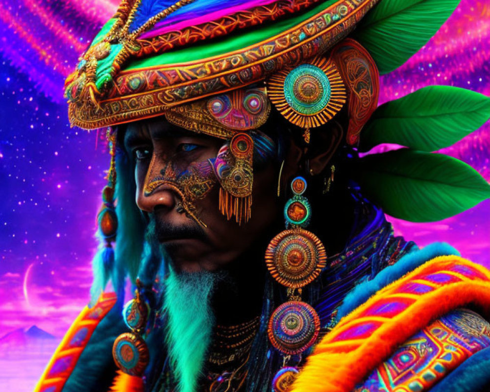 Person in Traditional Attire with Feathers on Psychedelic Background