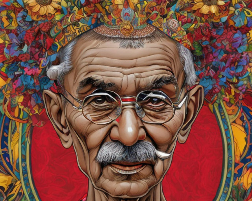 Colorful Mahatma Gandhi illustration with floral background and iconic spectacles