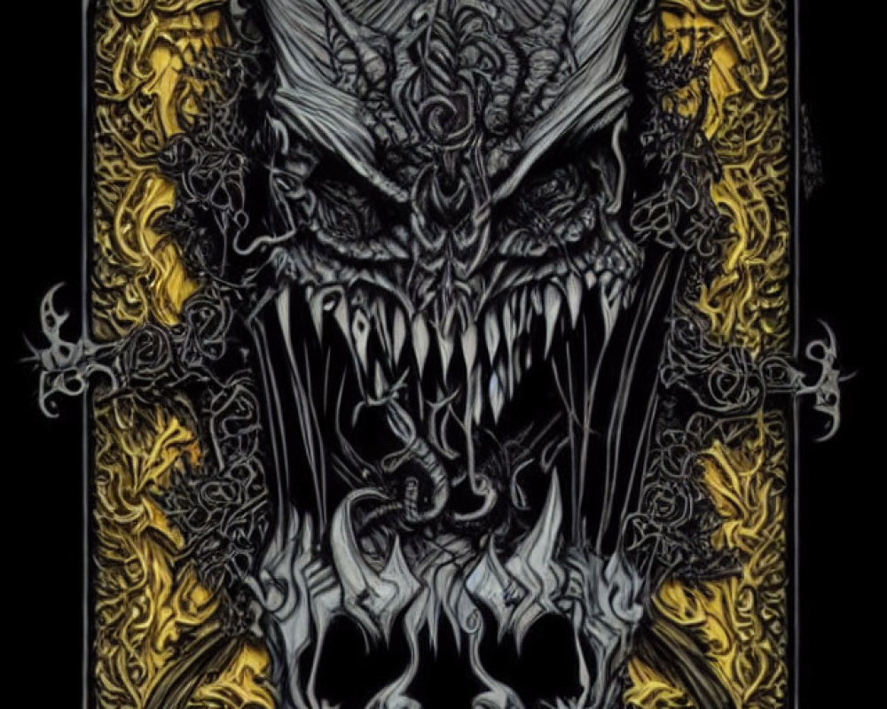 Symmetrical fantasy art with demonic figure in gothic filigree, gray and yellow tones