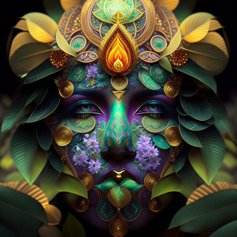 Colorful Face Illustration with Intricate Patterns and Golden Leaf Motifs