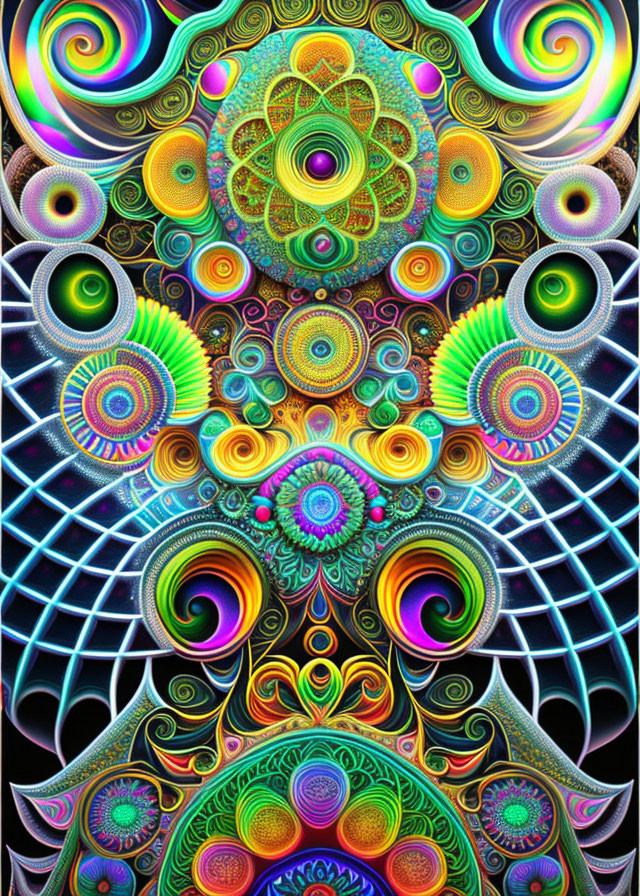 Colorful Psychedelic Mandala Design with Swirling Shapes