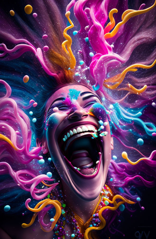 Colorful digital artwork: Laughing person with dynamic, swirling hair & paint splashes