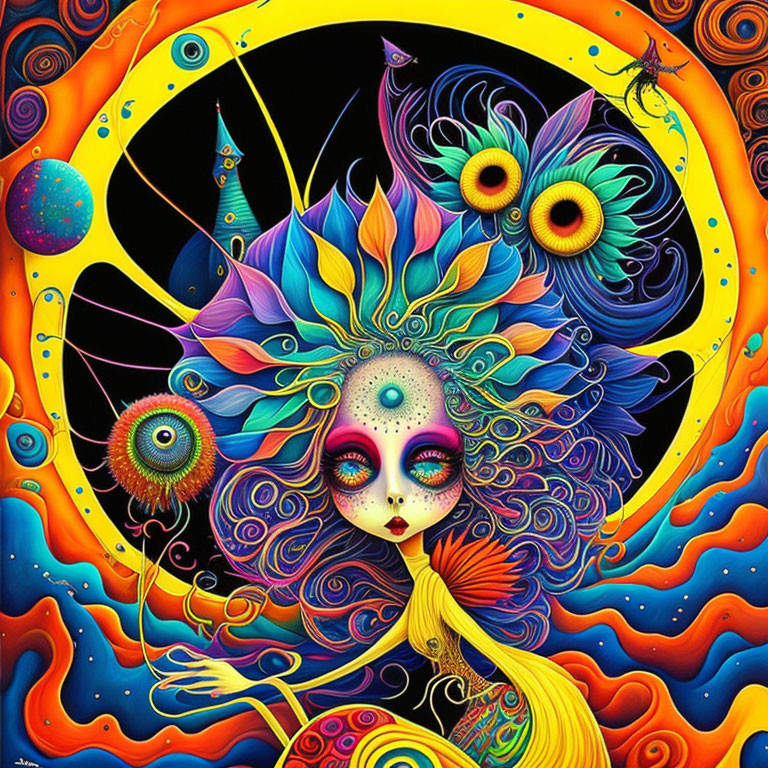 Colorful Psychedelic Artwork: Female Figure with Galaxy Hair & Peacock Feathers