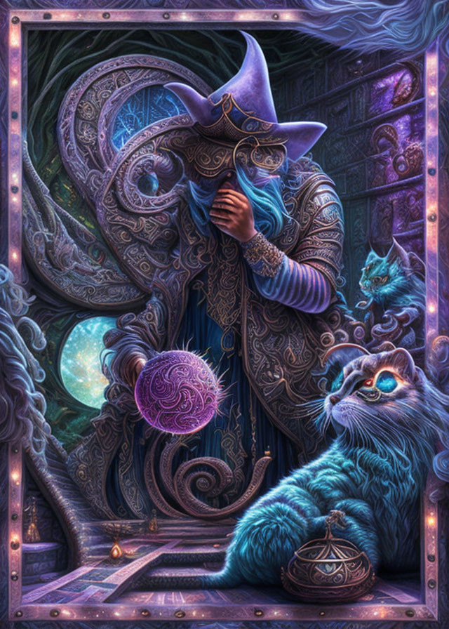 Illustrated wizard with starry robe and hat studying glowing orb with mystical cats in moonlit setting.