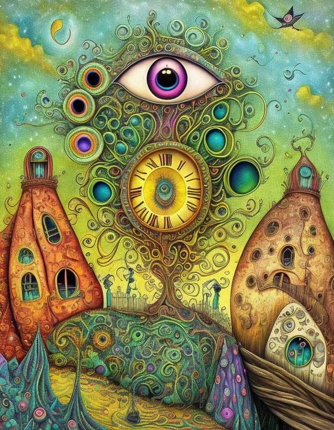 Colorful surreal illustration: central eye, peacock feathers, whimsical houses, clock in vibrant landscape