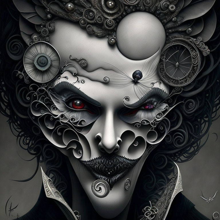 Detailed monochrome illustration of stylized female figure with red eyes and mechanical elements.