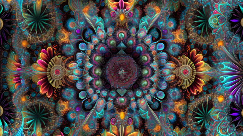 Colorful Fractal Image with Symmetrical Floral Designs and Intricate Patterns