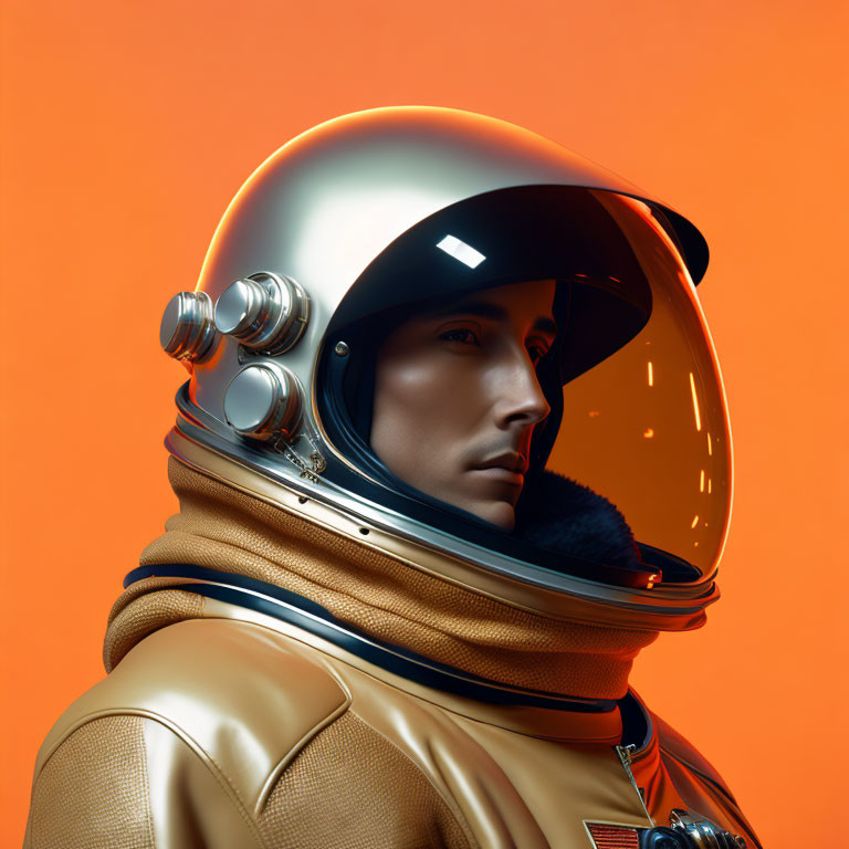 Detailed astronaut suit with gold visor on orange background