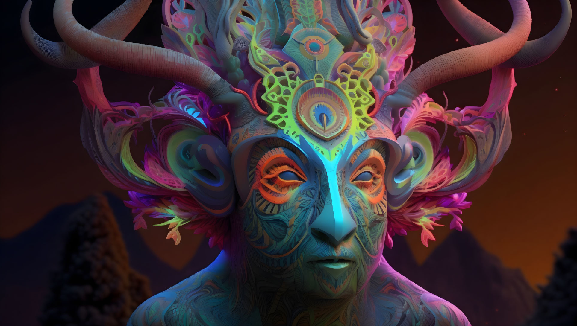 Colorful digital artwork of a fantastical creature with horns and intricate patterns on face