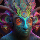 Colorful digital artwork of a fantastical creature with horns and intricate patterns on face