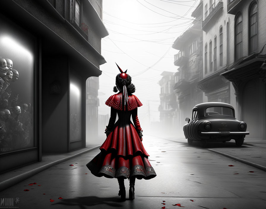 Girl in Red Dress and Horned Mask on Vintage Foggy Street