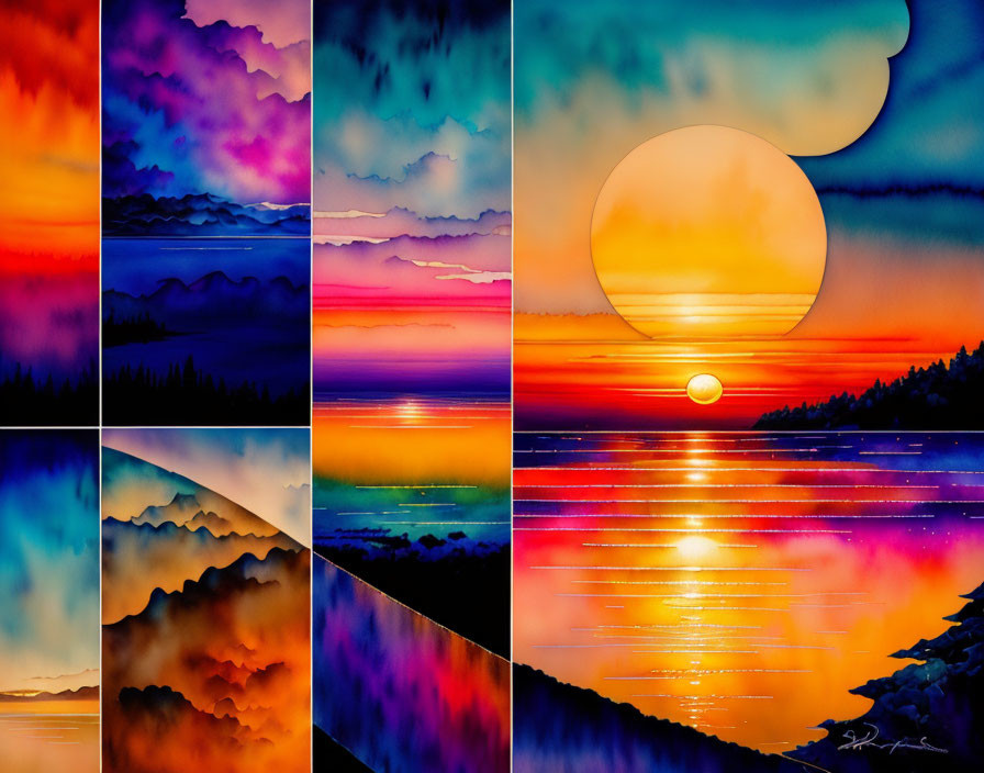 Colorful Sunset and Sunrise Landscape Paintings with Mountains, Clouds, and Water Reflections