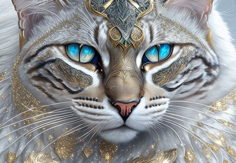 Detailed fantasy illustration: Majestic white tiger in golden armor