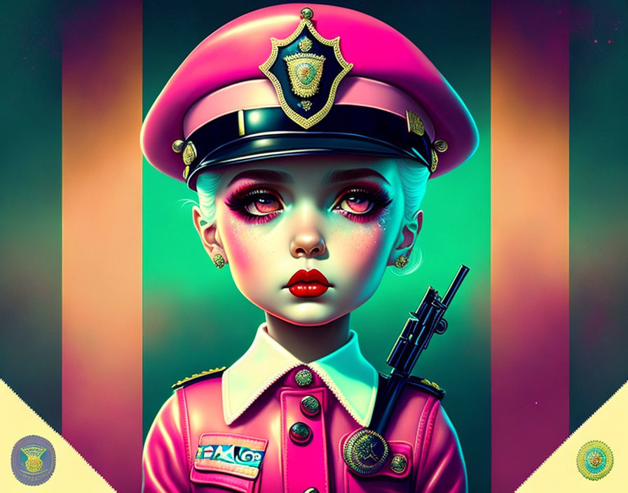 Stylized illustration of a girl in pink police uniform with tear streaks, cap, badge,