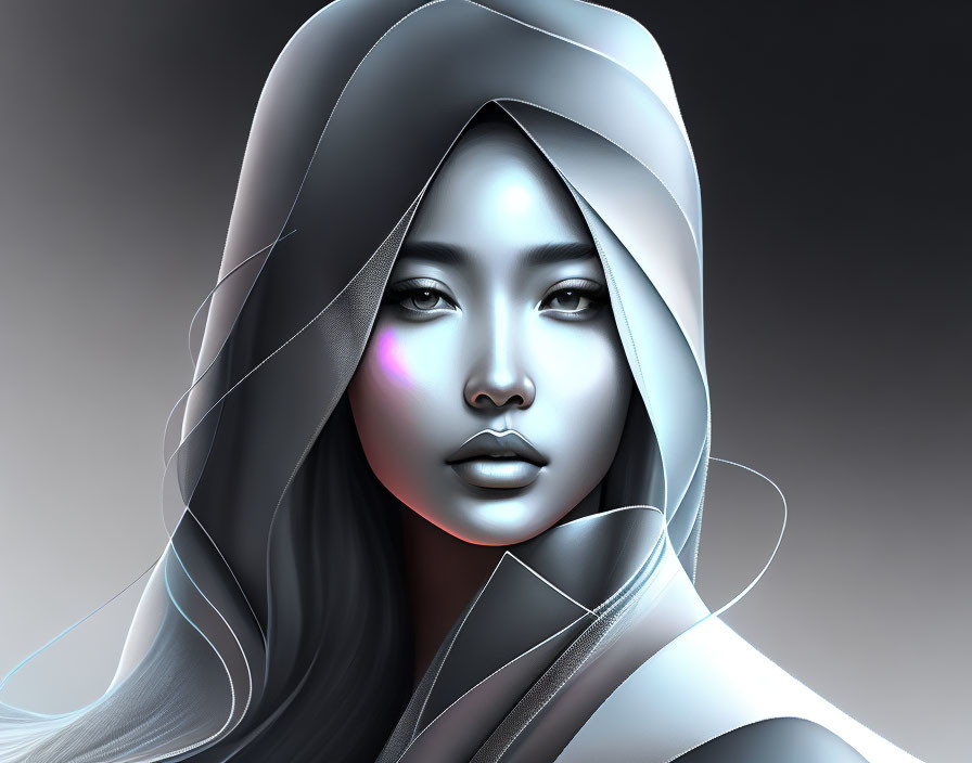 Ethereal woman portrait with flowing silvery fabric and iridescent lighting