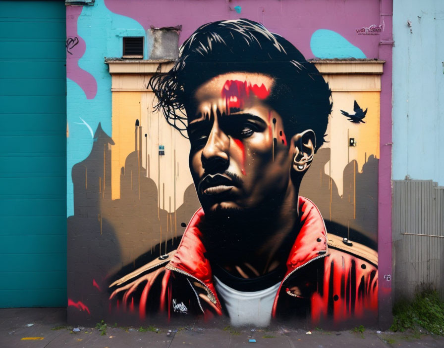 Colorful street art mural of man in red jacket against city skyline.