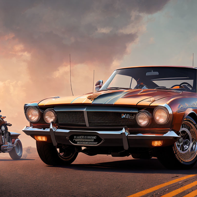 Vintage orange muscle car with racing stripes at sunset showcasing front grille and chrome bumper.