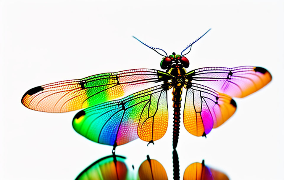 Colorful Dragonfly with Translucent Wings Perched and Casting Shadow