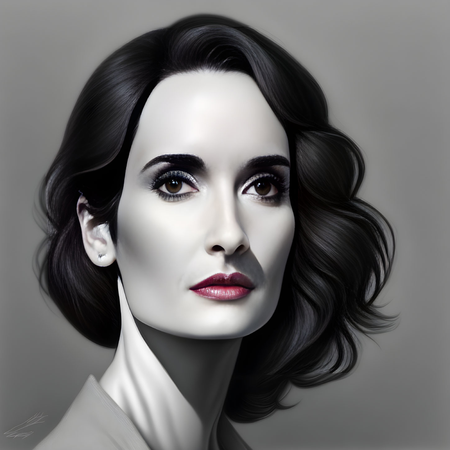 Portrait of woman with dark hair, brown eyes, red lipstick, and thoughtful expression