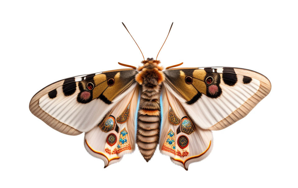 Symmetrical moth with eye spots on outspread wings in brown, black, white, and orange