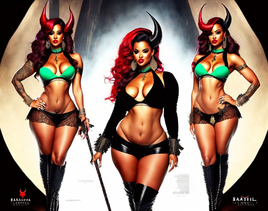 Stylized illustrations: Woman with horns, devilish theme