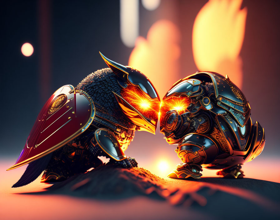 Stylized armored birds in fiery confrontation