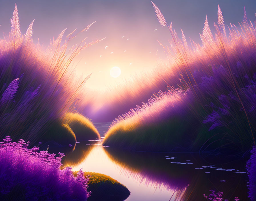 Tranquil sunset landscape with reflective river and tall purple grasses