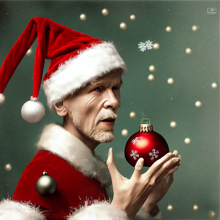 Person in Santa Claus Costume Holding Red Christmas Ornament with Surprised Expression