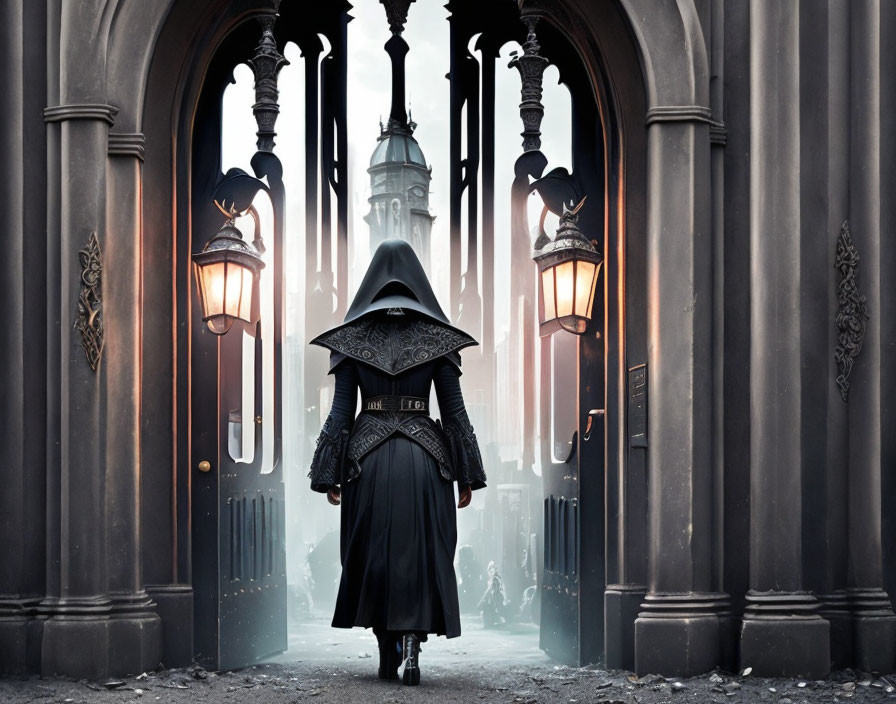 Cloaked figure at open gate of grand gothic structure with piercing light.