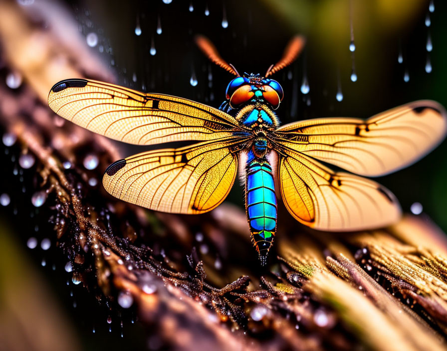 Translucent golden wings: Dragonfly on twig with water droplets