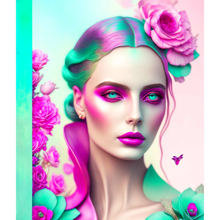 Vibrant portrait of a woman with pastel hair and pink makeup