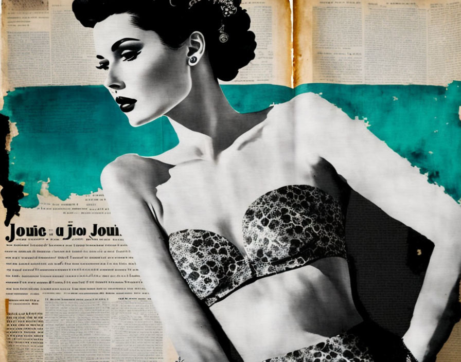 Monochrome woman posing on newspaper background with teal paint splash