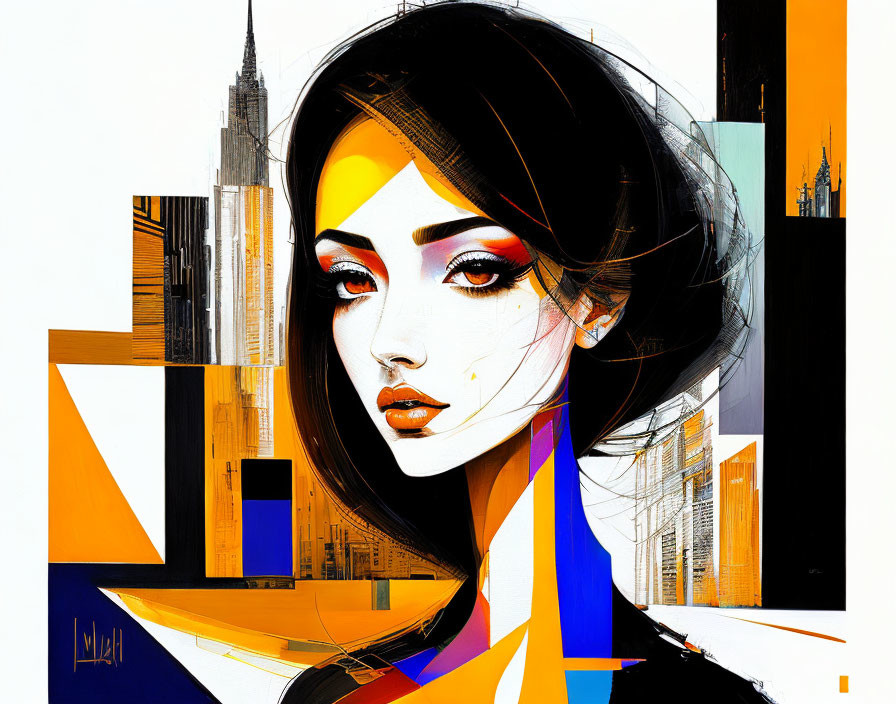 Colorful abstract portrait with geometric shapes and urban skyline elements