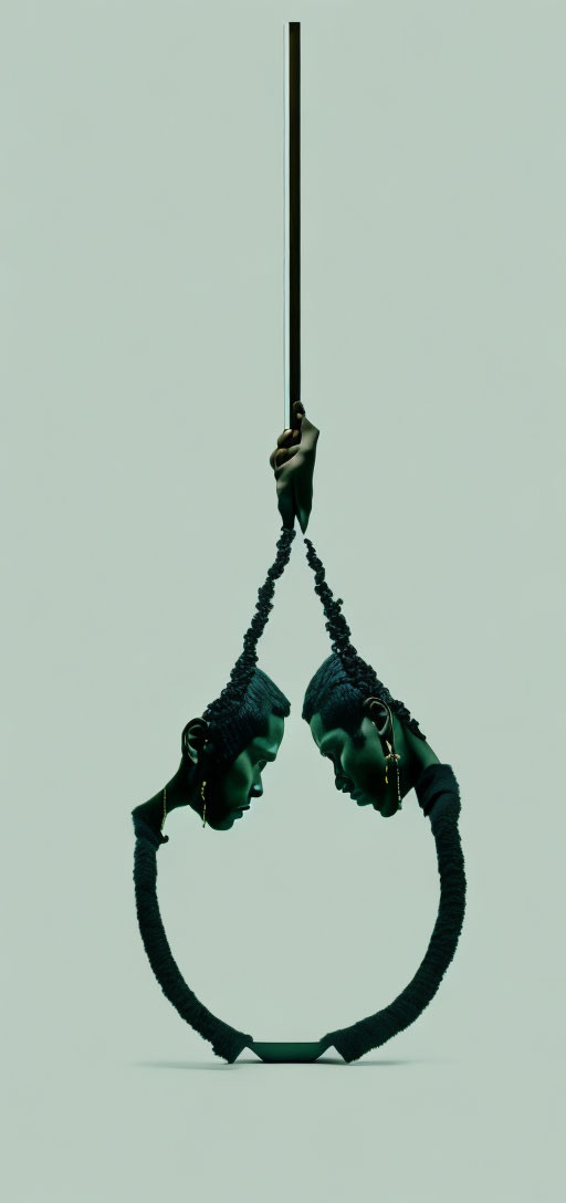 Suspended figures with mohawk-like hair connected by circular frame