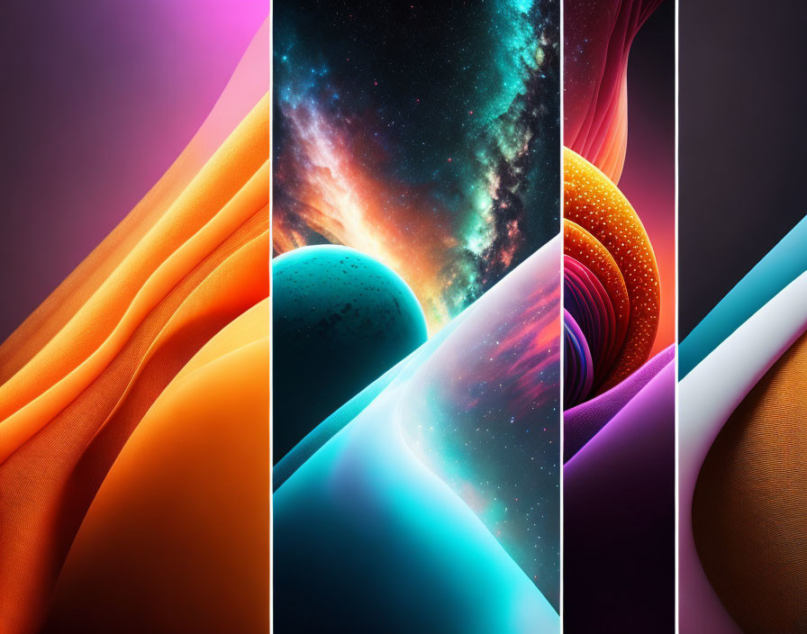 Vibrant Abstract Triptych: Colorful, Space Scene, 3D Textures