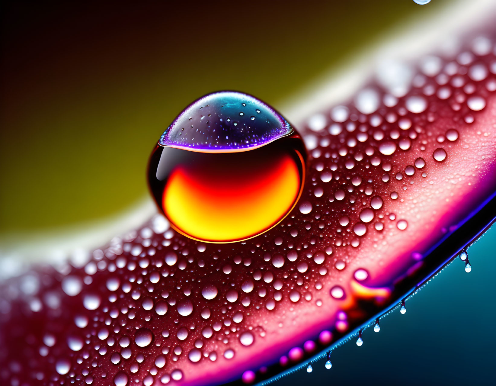 Colorful water droplet on feather with bokeh background.